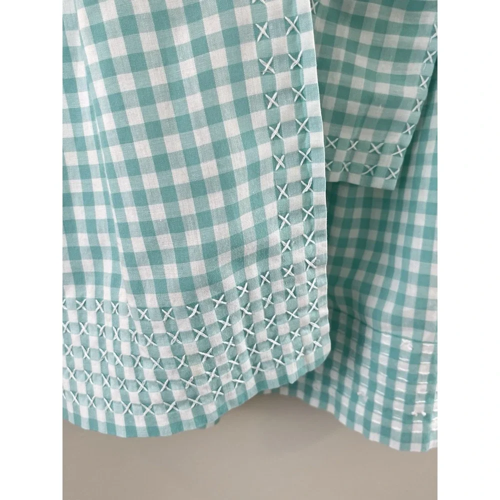 Half Apron Aqua Gingham Check White Cross-stitch Hand Made Pleated Vintage